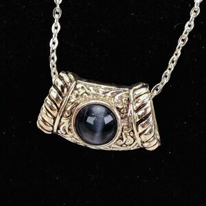 Vintage aged silvertone, gray black, signed KC pendant, + free necklace
